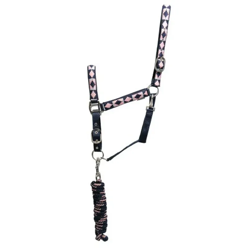 Hy Equestrian Woven Polo Headcollar and Lead Rope in Navy/Rose