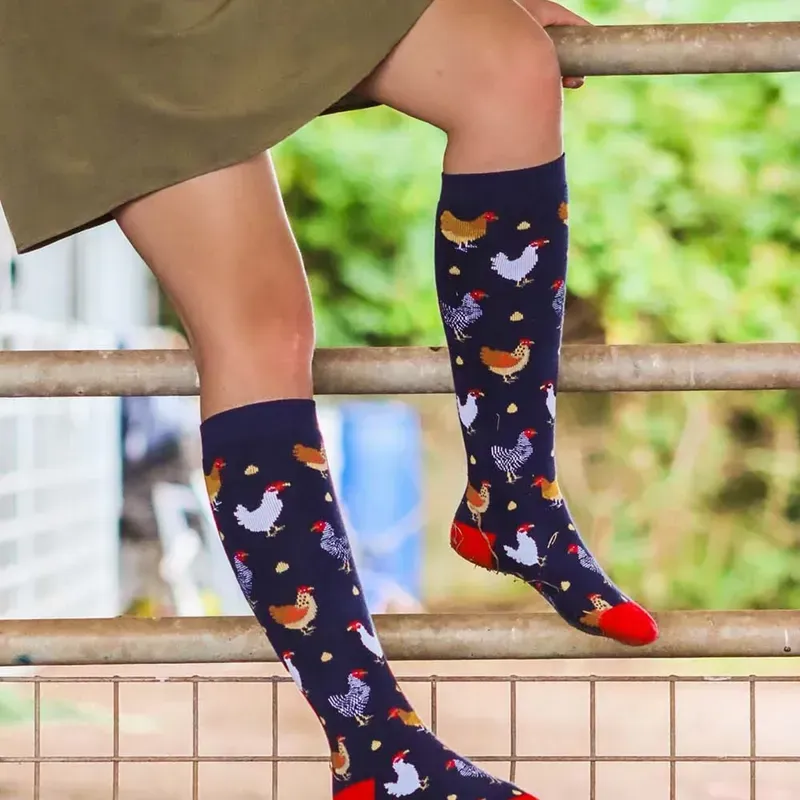 Bartleby Women's Size 4-8 Funky Patterned Welly Socks in Colourful Chicken