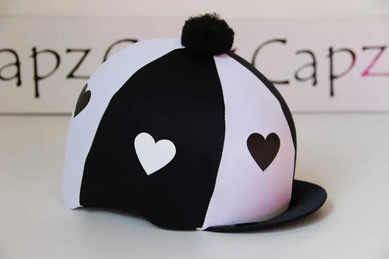 Capz Motif Cap Cover Lycra Heartz and Pom Pom in Black/White