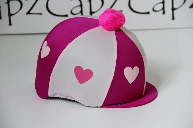 Capz Motif Cap Cover Lycra Heartz and Pom Pom in Cerise/Pale Pink