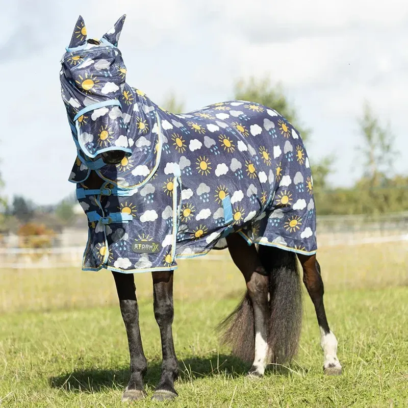 Hy Equestrian Come Rain Or Shine Fly Mask With Ears And Detachable Nose in Navy/Blue/Yellow