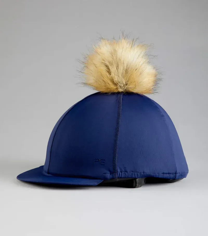 Premier Equine Jersey Hat Silk With Faux Fur Pom Pom in Navy