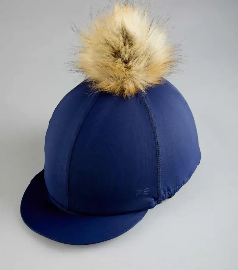 Premier Equine Jersey Hat Silk With Faux Fur Pom Pom in Navy-3