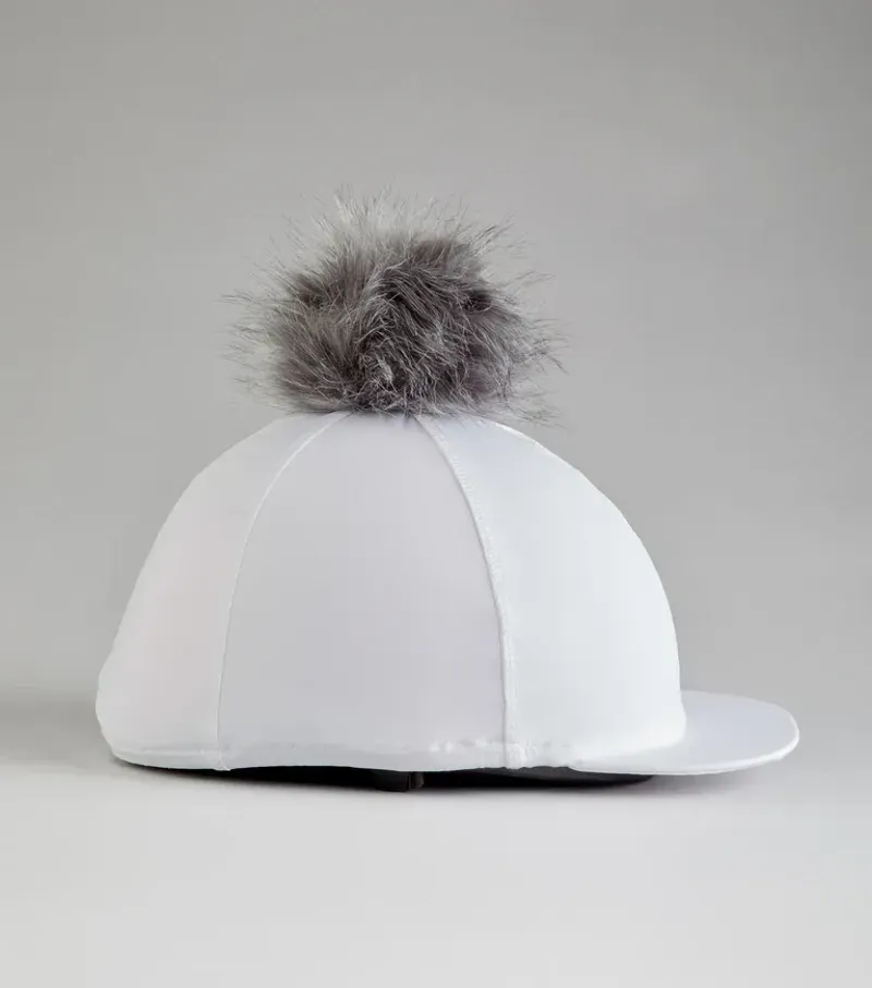 Premier Equine Jersey Hat Silk With Faux Fur Pom Pom in White-1