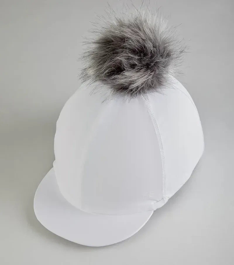 Premier Equine Jersey Hat Silk With Faux Fur Pom Pom in White-3